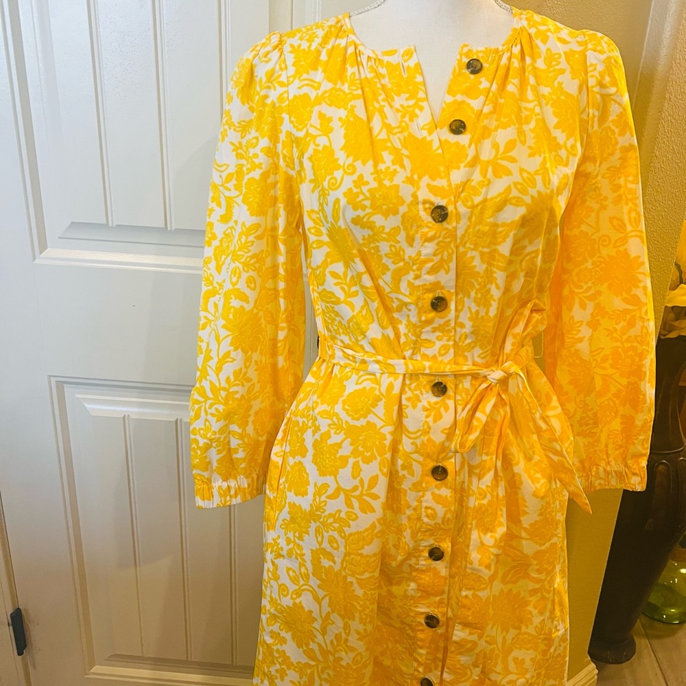 Who What Wear Yellow Floral Tie-Waist Button-Front Dress